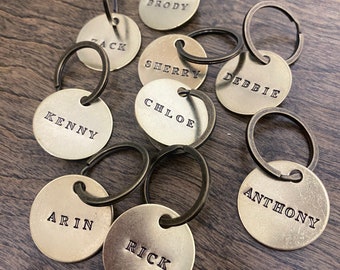 Simple Name Keychain Tags - Hand Stamped - Gold Colored Brass - Mark Your Belongings, Kids Backpacks, Lunchbox