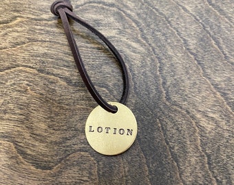 Brass LOTION Tag on Leather | Gold Colored | Hand Stamped Stencil Font | Labels for Lotion Hand or Dish Soap | Bathroom Decor