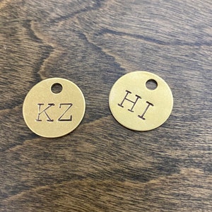 Custom Letter Initial Tags Large Letter Labels Hand Stamped Alphabet Coins Gold Color Brass Keychain Keyring Locker, Luggage, Keys image 2
