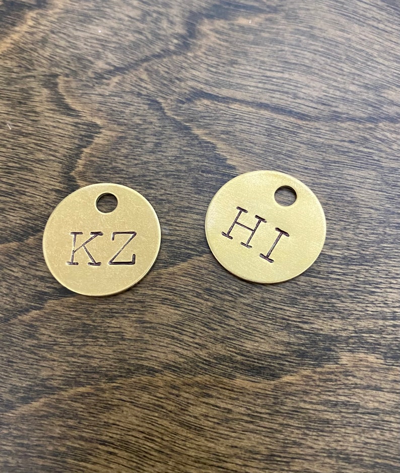 Custom Letter Initial Tags Large Letter Labels Hand Stamped Alphabet Coins Gold Color Brass Keychain Keyring Locker, Luggage, Keys image 2