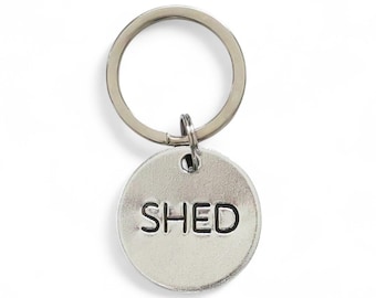 Shed Key Label Keychain - Silver-Colored Aluminum Metal Tag - Hand-Stamped Key ID Identifier Marker - She Shed Keychain - Key Organization