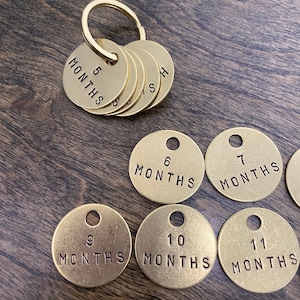 Può includere: Un set di dieci portachiavi in metallo dorato con i numeri da 5 a 11 e la parola "MONTHS" incisa su ciascuno. I portachiavi sono disposti in cerchio su una superficie di legno.