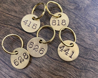 Custom Number Tags - Large Number Labels - Hand Stamped Digit Tags - Gold Color Brass Keychain Keyring - locker, address, apartment, mailbox