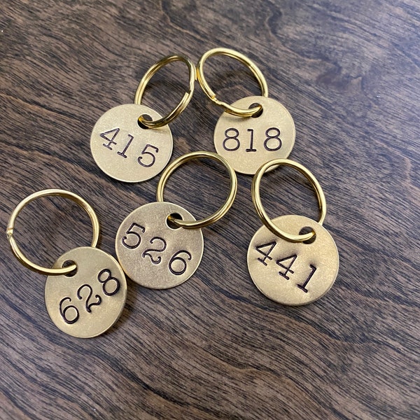 Custom Number Tags - Large Number Labels - Hand Stamped Digit Tags - Gold Color Brass Keychain Keyring - locker, address, apartment, mailbox