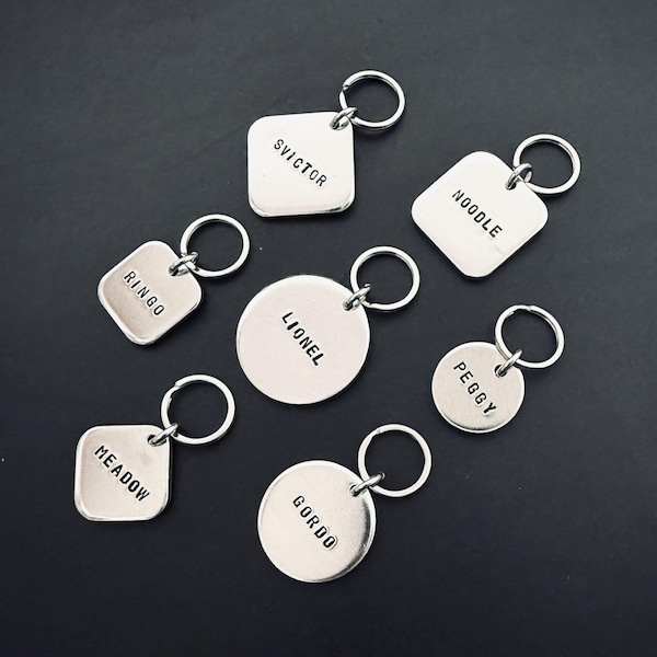 THICK Aluminum Pet Tags - High Quality - Simple Minimal Design -Custom Hand Stamped - Heavy Duty Silver Color - Dog Cat Puppy Kitten ID Name