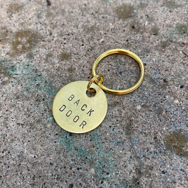 Back Door Key Tag - Gold Colored Brass Metal Label with Large & Small Keyring - Back Door Keychain Fob - Hand Stamped  ID Identifier Marker