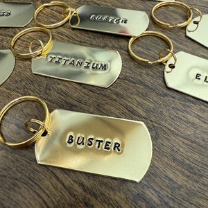 Custom Name Keychains - Gold Colored Brass Metal Label Tags with Keyring - Dog Tag Shape - Key Fob - Hand Stamped Horse Blanket Pet Nametag