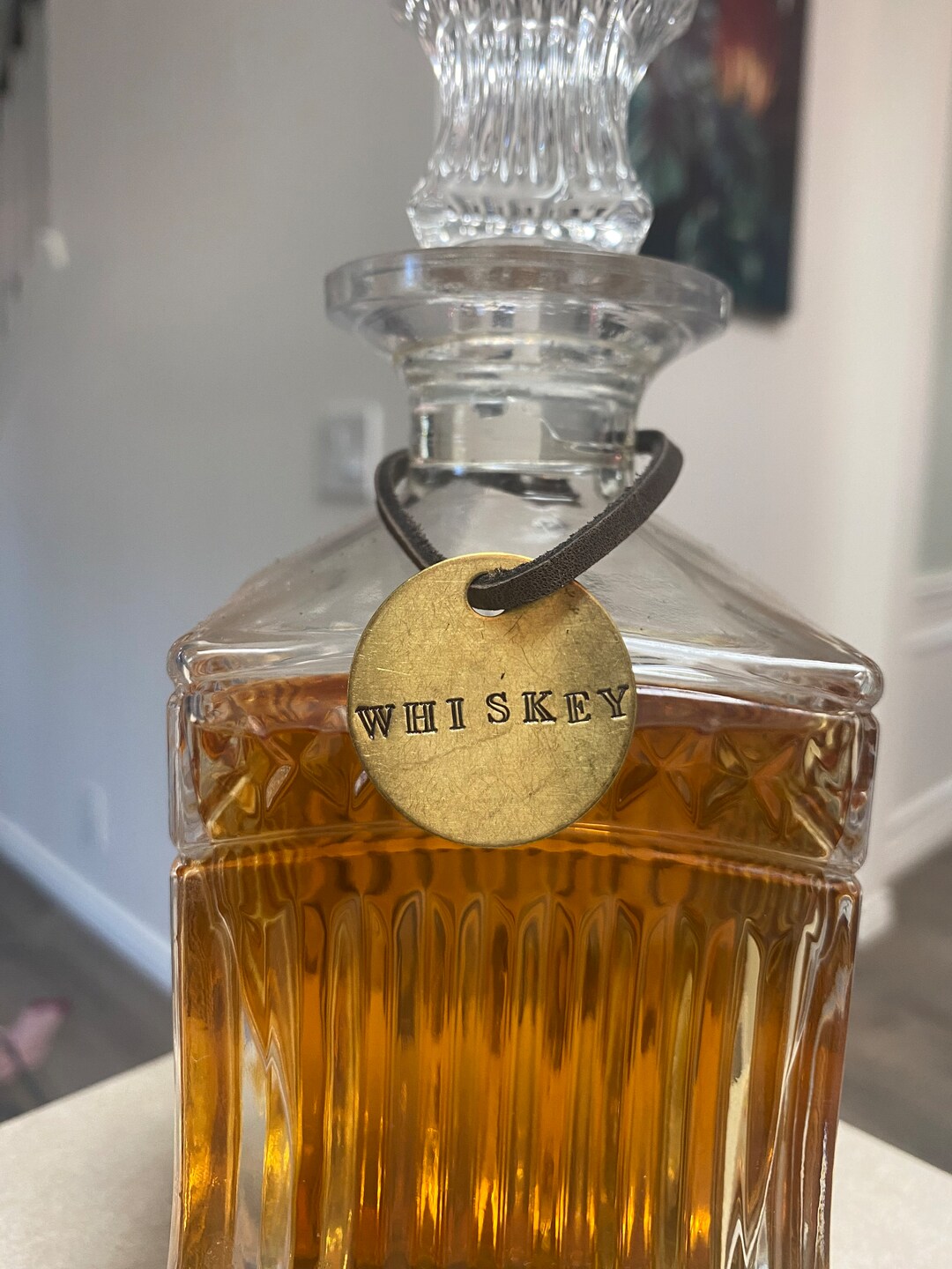 Brass Liquor Bottle Tags Hand Stamped Gold Color Brass on Leather