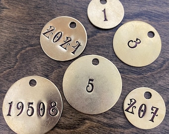 Elegant Number Custom Keychain | 3 sizes | Victorian Decorative Font | Hand-Stamped Metal Tags | Brass Gold Color | Baroque Gothic Style