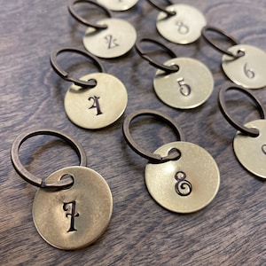 Brass Number Tags, any number sets 1-5, 1-10, 1-20, 1-50, 1-100 Locker tags, closet number, key markers, gold colored key fobs. Hand-stamped