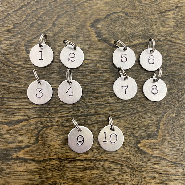 Numbers 1-10 Mini Keychains, Set of 10 Number Labels, Round Circle Hand-Stamped Aluminum Metal, Label Your Keys, Boxes, and Other Belongings