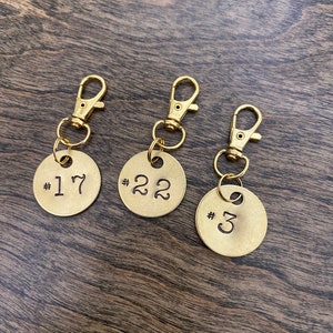 Sports # Jersey Number Tags - Metal Labels - Hand Stamped Lucky Digit Tags - Gold Color Brass Keychain Claw Clasp Bag - Locker Address Mail