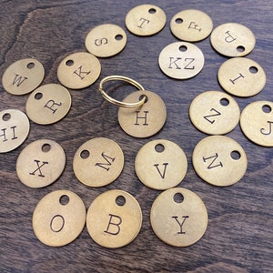 Custom Letter Initial Tags - Large Letter  Labels - Hand Stamped Alphabet Coins - Gold Color Brass Keychain Keyring - Locker, Luggage, Keys