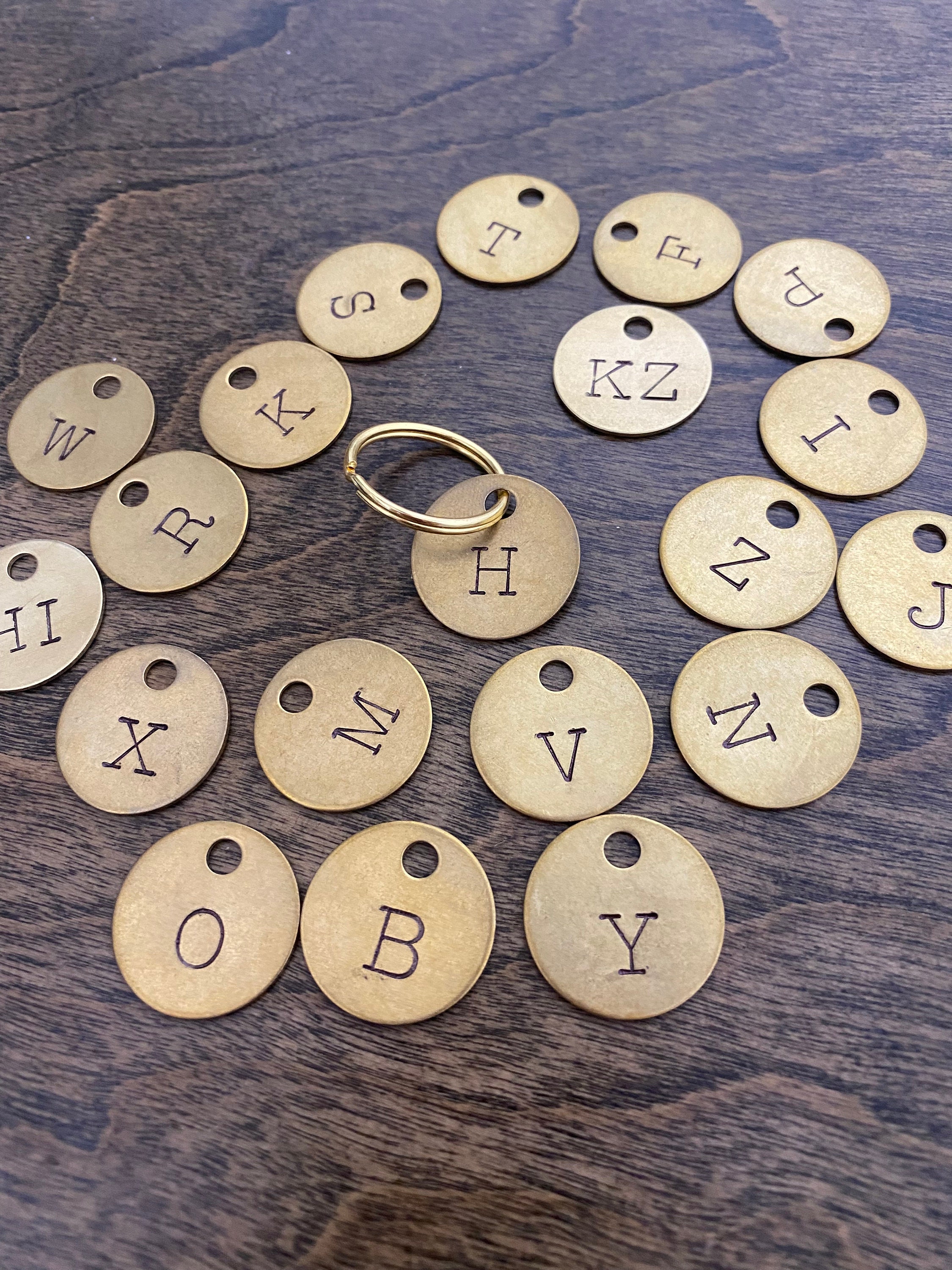 Custom Brass Letter Keychain - Large Initial Tags Labels - Hand Stamped Alphabet Coins - Gold Color Keyring - Personalized Key Monogram