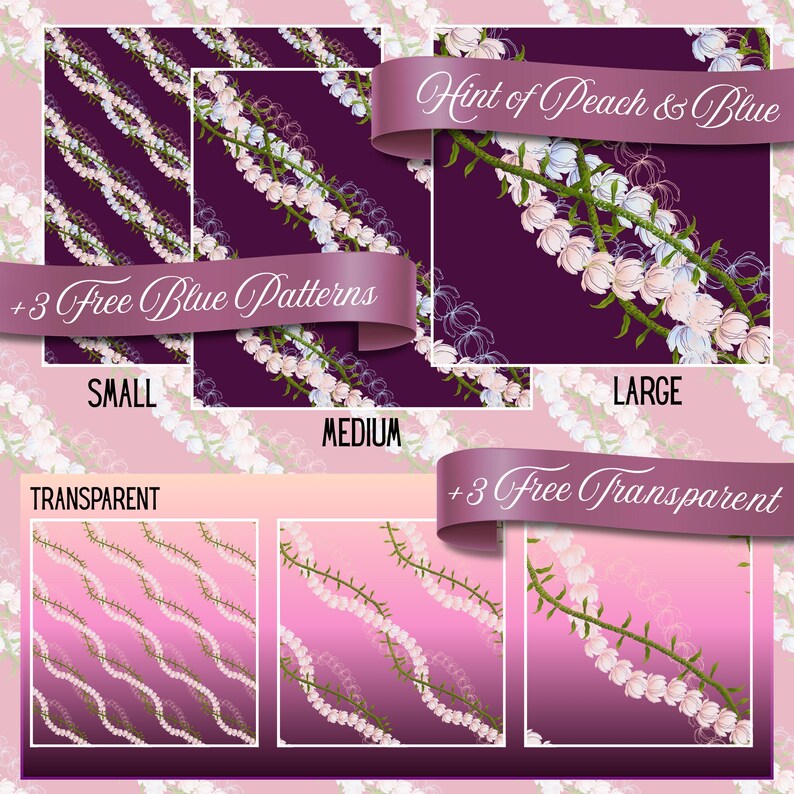 May include: Digital patterns featuring floral designs in shades of peach, blue, and white on a deep purple and pink gradient background. The image includes text that reads "Hint of Peach & Blue" and "+3 Free Blue Patterns".