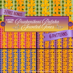May include: A digital art bundle featuring nine patterns with a floral theme. The patterns include yellow flowers on various plaid backgrounds in shades of green, red, blue, and brown. The text reads "Puakenikeni Palaka Jeweled Jones" and "3 Free Bonus".