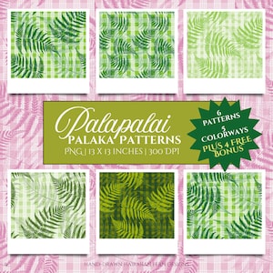 Palaka Pattern Pack: Hawaiian Fern PNG, Seamless Hula Fabric (Digital Download), FREE BONUS, Commercial Use