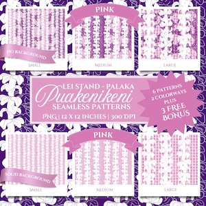 May include: A digital art display of six seamless patterns in pink and white, with a purple background. The patterns are labelled "small", "medium", and "large", with text that reads "Lei Stand - Palaka Puakenikeni Seamless Patterns". The image includes the text "6 patterns, 2 colorways plus 3 free bonus".