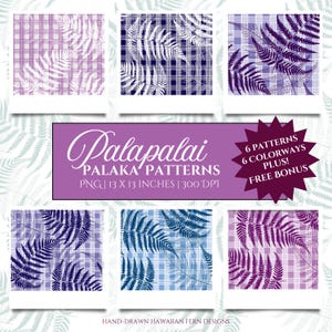 Hawaiian Palaka Fern Pattern Pack: Hand-Drawn Tropical PNG (Digital Download), Commercial Use, Seamless Pattern