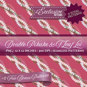 May include: Seamless pattern design featuring a repeating floral motif of white and pink flowers on a red background. The image includes text that reads "Exclusive Patterns", "9 Total Patterns", "Double Pikake & Leaf Lei", and "+6 Free Bonus Patterns". The pattern is 12 x 12 inches.