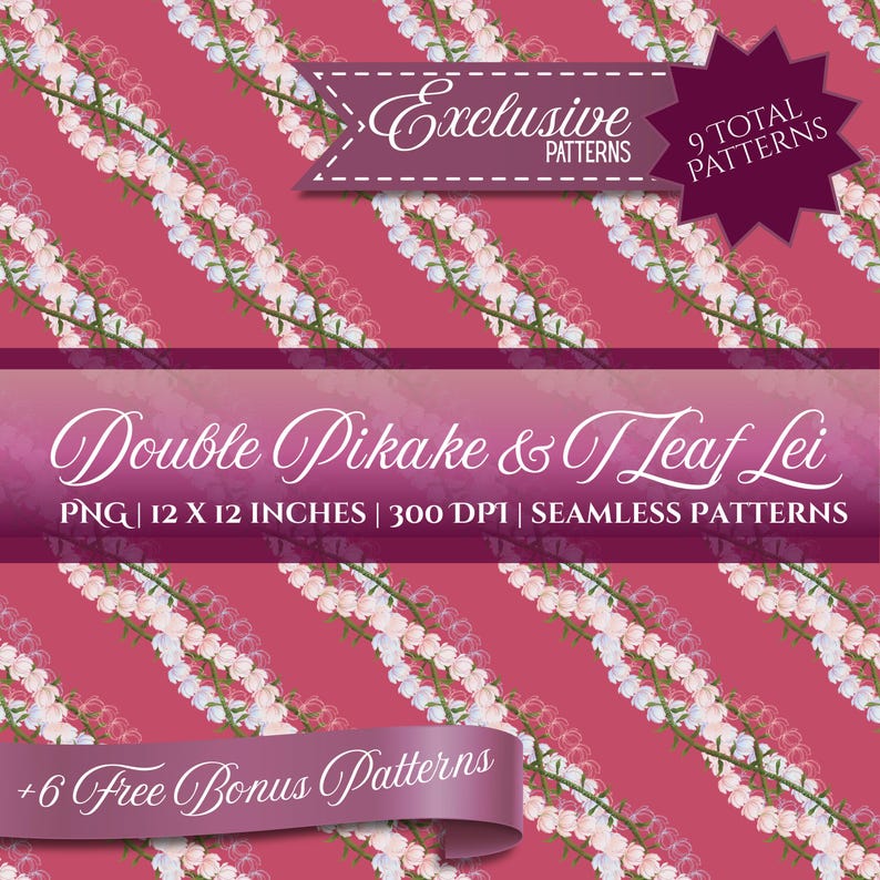 May include: Seamless pattern design featuring a repeating floral motif of white and pink flowers on a red background. The image includes text that reads "Exclusive Patterns", "9 Total Patterns", "Double Pikake & Leaf Lei", and "+6 Free Bonus Patterns". The pattern is 12 x 12 inches.