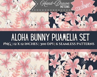Aloha Bunny PuaMelia Set: Hand-Drawn WaterColor Hawaiian Easter Design (Digital Download), 6 Seamless Patterns