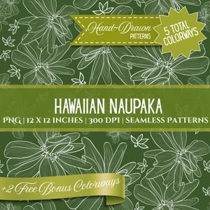 May include: A dark green seamless pattern with white floral outlines. The image includes text that reads "Hawaiian Naupaka" and "12 x 12 inches". Additional text indicates "Hand-Drawn Patterns" and "5 Total Colorways". The pattern is 30.48 cm x 30.48 cm.