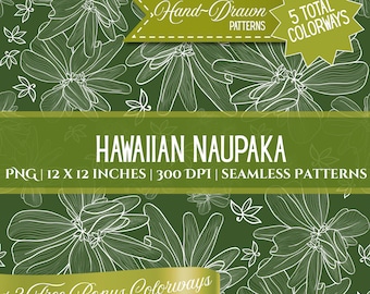 Hand-Drawn Hawaiian Naupaka Pattern Set: Tropical PNG (Digital Download), Seamless Pattern