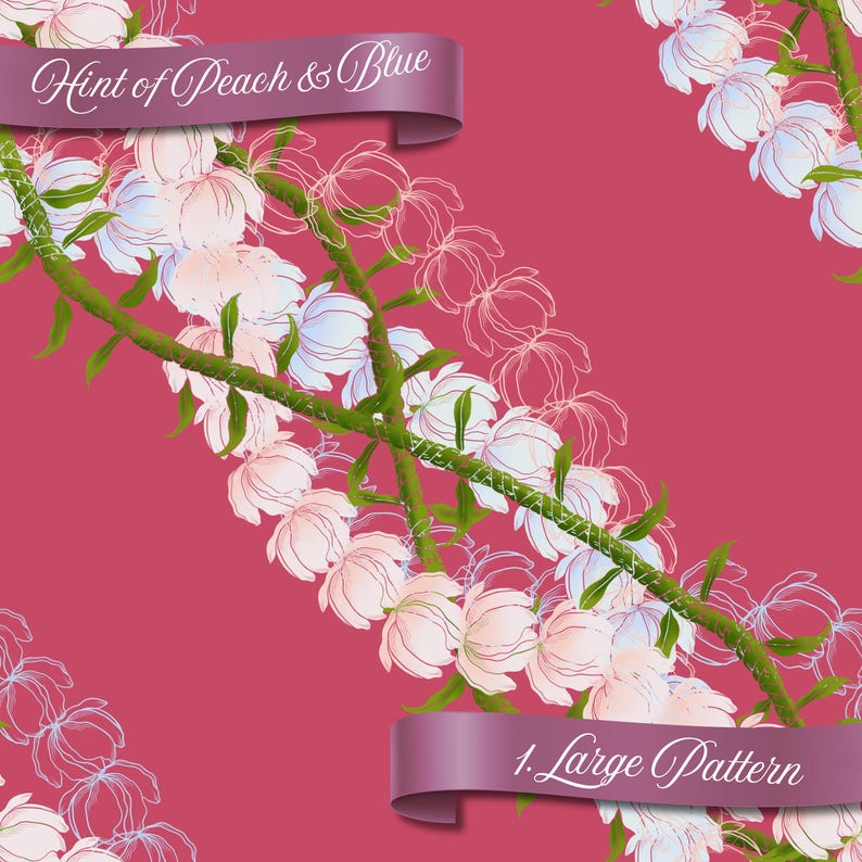 May include: Floral pattern design with peach and blue flowers on a red background. The design includes green stems and the text "Hint of Peach & Blue" and "1. Large Pattern" on ribbons.
