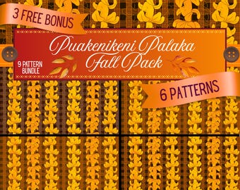 Fall Puakenikeni Palaka Pattern Pack: 9 Hawaiian Hand-Drawn Seamless Patterns (Digital Download, PNG), Commercial Use
