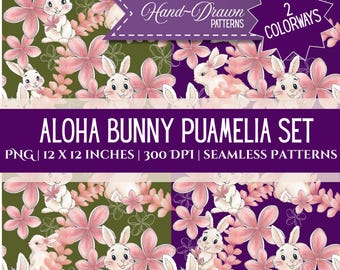 Aloha Bunny PuaMelia Set: Hand-Drawn Hawaiian Easter Design (Digital Download), 6 Seamless Patterns
