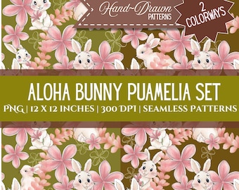 Aloha Bunny PuaMelia Set: Hand-Drawn Hawaiian Easter Design (Digital Download), 6 Seamless Patterns