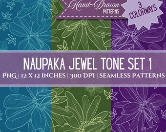 Naupaka Jewel Tones Flower Pattern Set 1: Hand-Drawn Hawaiian Design (Digital Download), Seamless Pattern