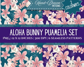 Aloha Bunny PuaMelia Set: Hand-Drawn WaterColor Hawaiian Easter Design (Digital Download), 6 Seamless Patterns