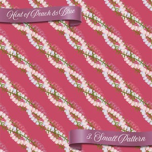May include: A repeating pattern of diagonal floral stems with peach and blue flowers on a red background. The text "Hint of Peach & Blue" is on a banner at the top, and "3. Small Pattern" is on a banner at the bottom.