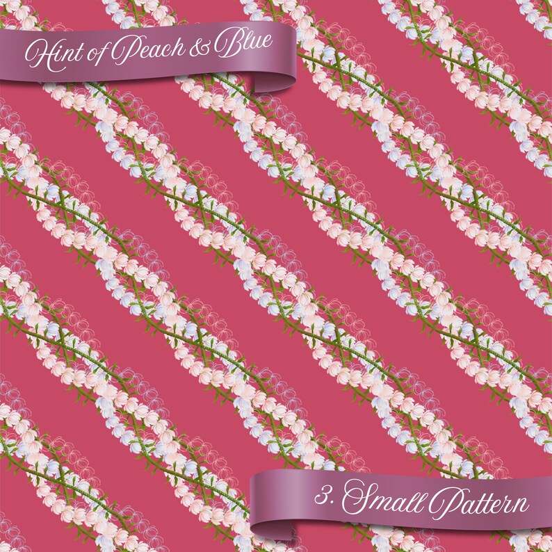 May include: A repeating pattern of diagonal floral stems with peach and blue flowers on a red background. The text "Hint of Peach & Blue" is on a banner at the top, and "3. Small Pattern" is on a banner at the bottom.