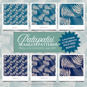 Blue Hawaiian Fern Seamless Pattern: Tropical Fabric Print (PNG Digital Download), FREE BONUS, Commercial Use