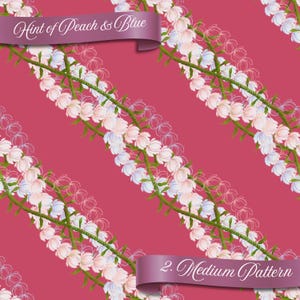 May include: A repeating pattern featuring diagonal floral branches with peach and blue blossoms on a red background. The text "Hint of Peach & Blue" and "2. Medium Pattern" are on purple banners.