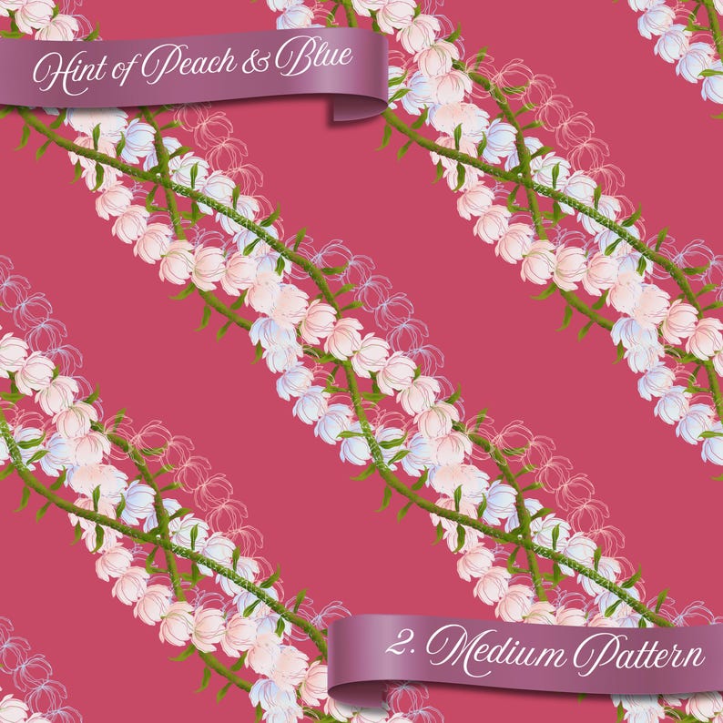 May include: A repeating pattern featuring diagonal floral branches with peach and blue blossoms on a red background. The text "Hint of Peach & Blue" and "2. Medium Pattern" are on purple banners.