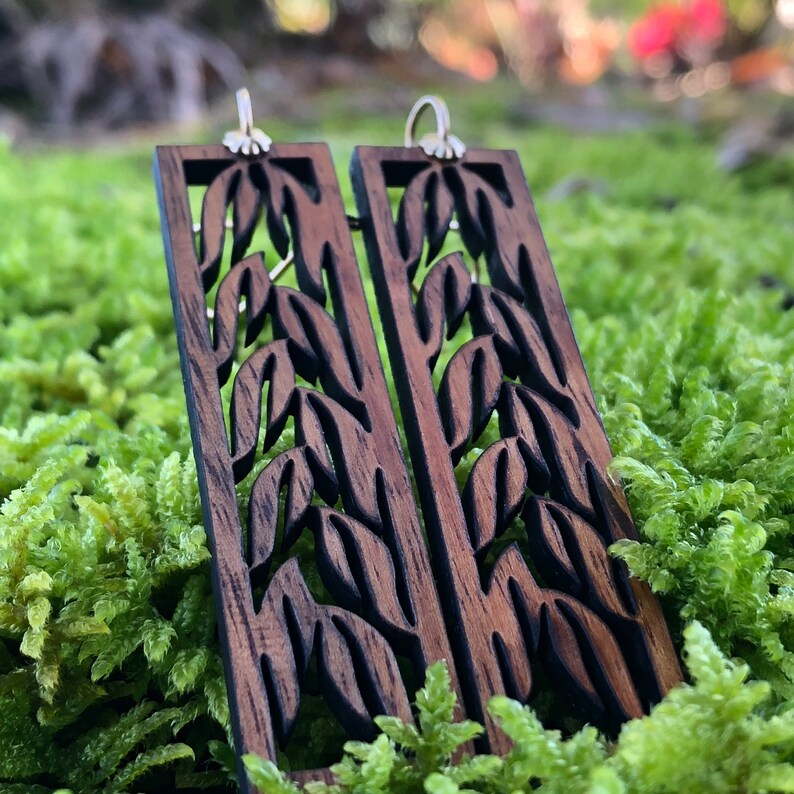 Laser Cut Hawaii Island Wood Earring 6cm MAILE Design Koa Wood Wood Carved Necklace Hawaiian Earring 14k gold sterling