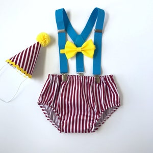 Circus Cake Smash Outfit Boy Birthday Outfit 1, 2, 3 or 4 Piece Set Diaper Cover Tie Suspenders Party Hat Bow Tie Circus boy outfit