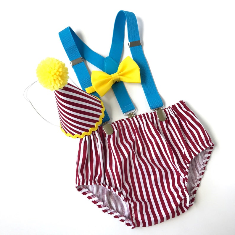 2 Circus Cake Smash Outfit Boy Birthday Outfit 1 3 or 4 Piece Set Diaper Cover Tie Suspenders Party Hat Bow Tie Circus boy outfit