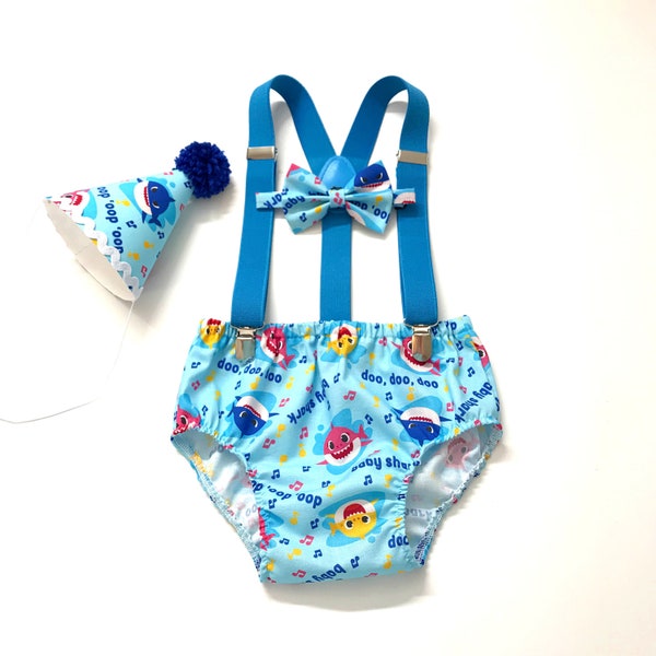 Cake Smash Outfit Boy Birthday Baby Shark Outfit 1, 2, 3 or 4 Piece Set Diaper Cover Tie Suspenders Party Hat Bow Tie