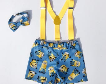 Minion boy birthday outfit, Minion bowtie and suspenders, Minion boy outfit, toddler boy outfit, cake smash boy outfit, boy birthday shorts,