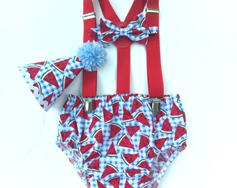 Watermelon Cake Smash Outfit Boy Birthday Outfit 1, 2, 3 or 4 Piece Set Diaper Cover Tie Suspenders Party Hat Bow Tie One in a Melon