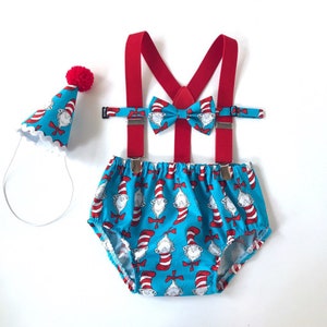 Cake Smash Outfit Boy Birthday Cat In The Hat Dr. Seuss Outfit 1, 2, 3 or 4 Piece Set Diaper Cover Tie Suspenders Party Hat Bow Tie Bloomers