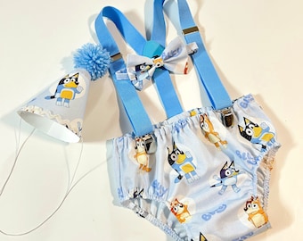 Tenue d’anniversaire de chien bleu, tenue de garçon cakesmash, tenue de premier anniversaire, ensemble cakesmash bleu, costume de fête de premier anniversaire