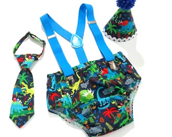 Cake Smash Outfit Boy Birthday Dinosaurs Outfit 1, 2, 3 or 4 Piece Set Diaper Cover Tie Suspenders Party Hat NeckTie Bloomers