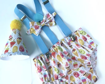 Ice cream Cake Smash Outfit Boy Birthday Outfit 1, 2, 3 or 4 Piece Set Diaper Cover Tie Suspenders Party Hat Bow Tie Ice cream birthday