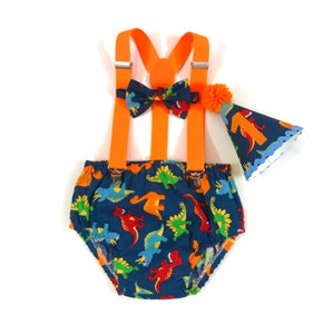 Cake Smash Outfit Boy Birthday Dinosaurs Outfit 1, 2, 3 or 4 Piece Set Diaper Cover Tie Suspenders Party Hat Bow Tie Bloomers image 1